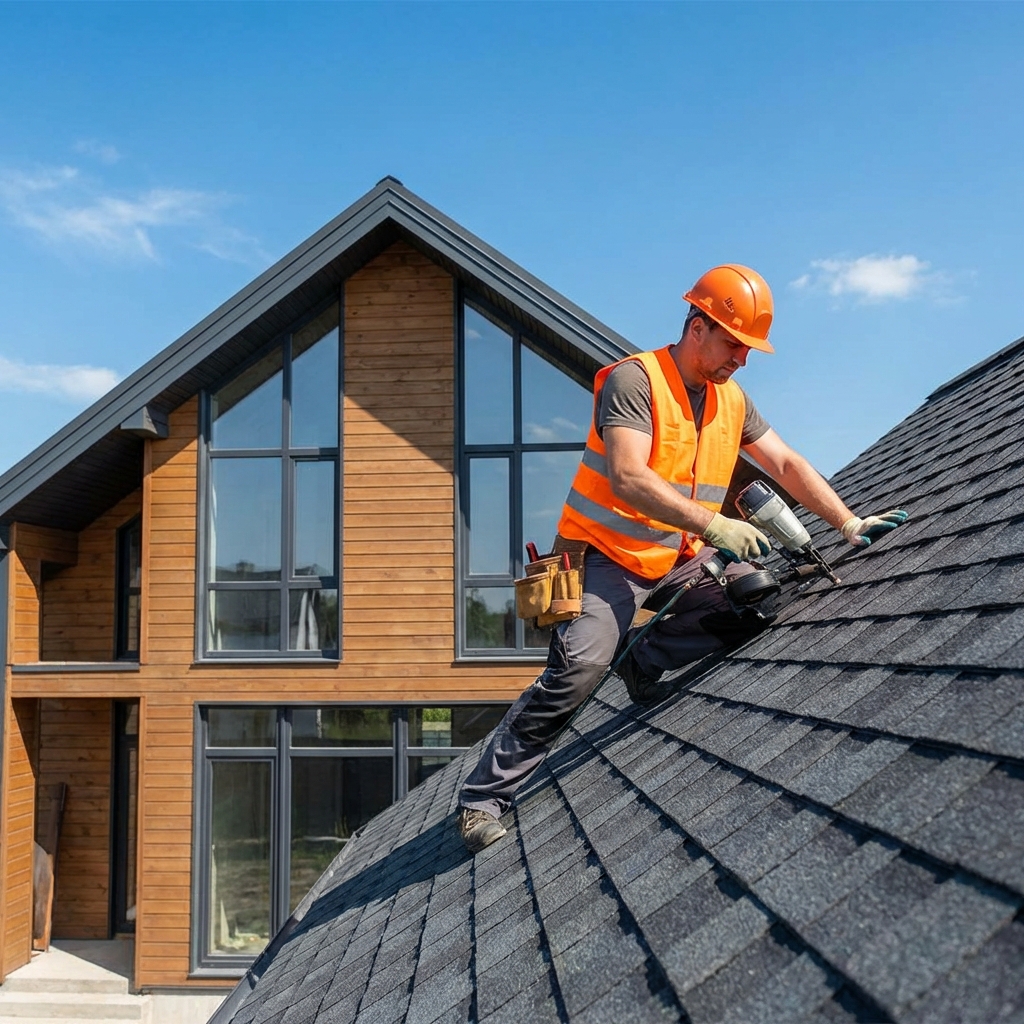 Professional roofing contractor at work